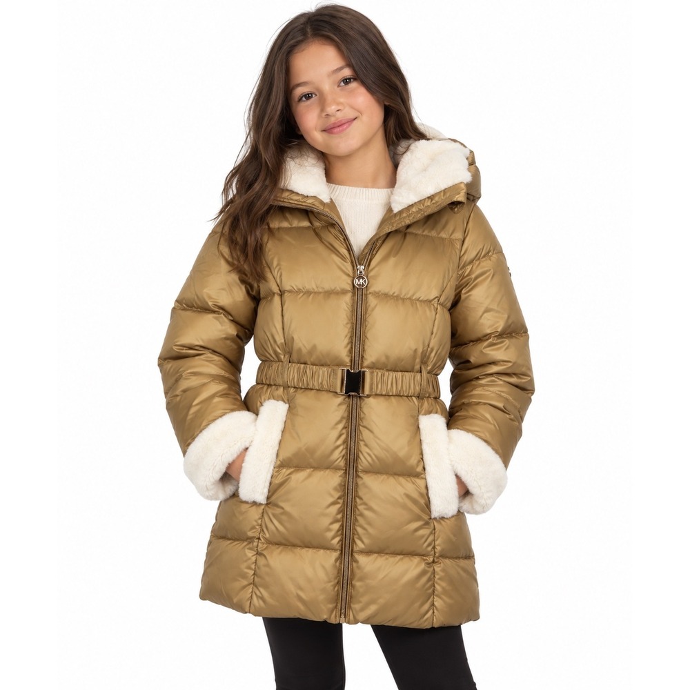 Michael Kors Girls Khaki Gold Puffer Jacket Faux Fur Trim Belted 10-12 NEW